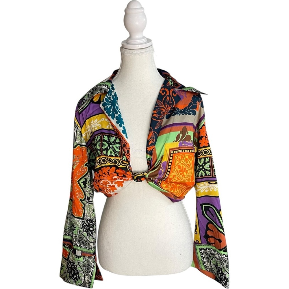 Zara Satin Printed Knotted Blouse Crop Top Purple Black